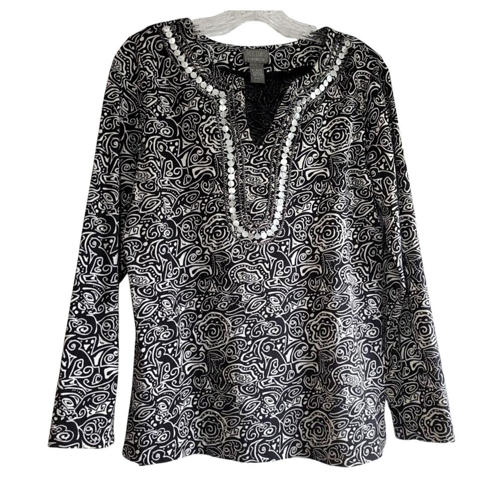Chico's Black & White Floral Print Tunic Top Medium Casual Chic Relaxed Boho
